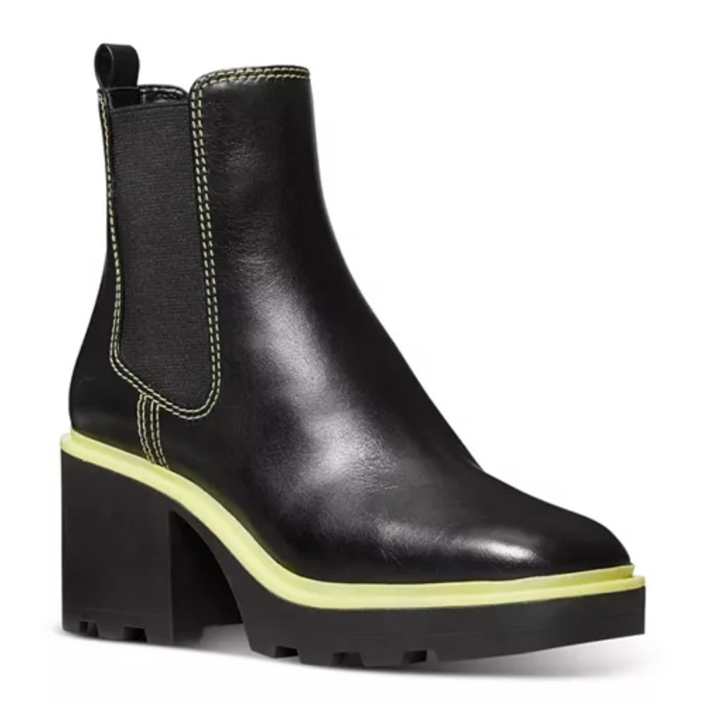 Michael Kors Black Leather Chelsea Ankle Boots with Neon Yellow Trim